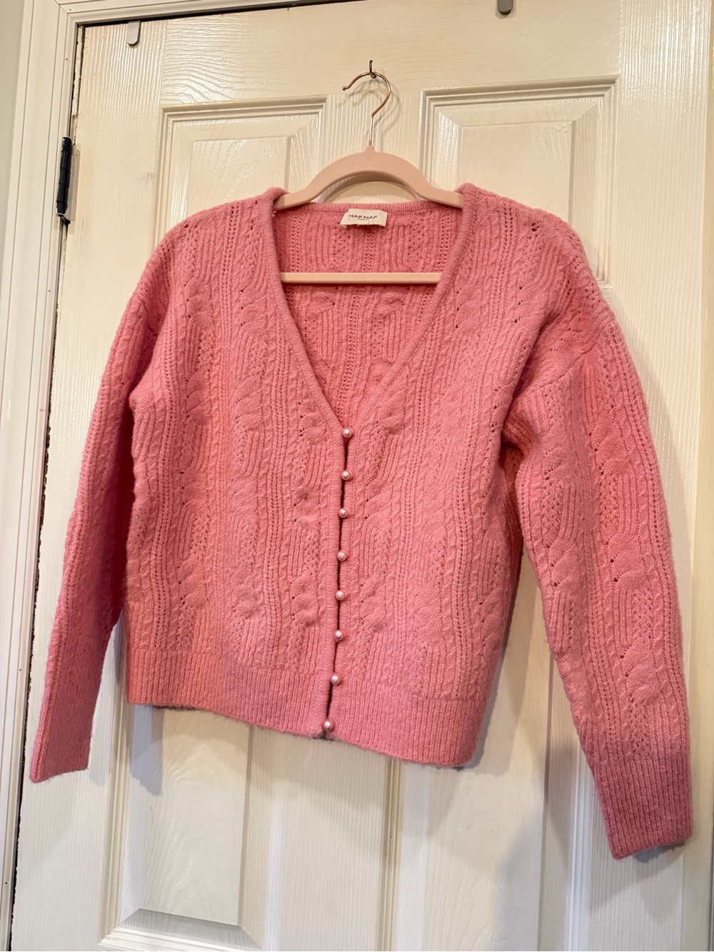 NAF NAF Rose-Pink Cable Knit Pearl-Button Cardigan